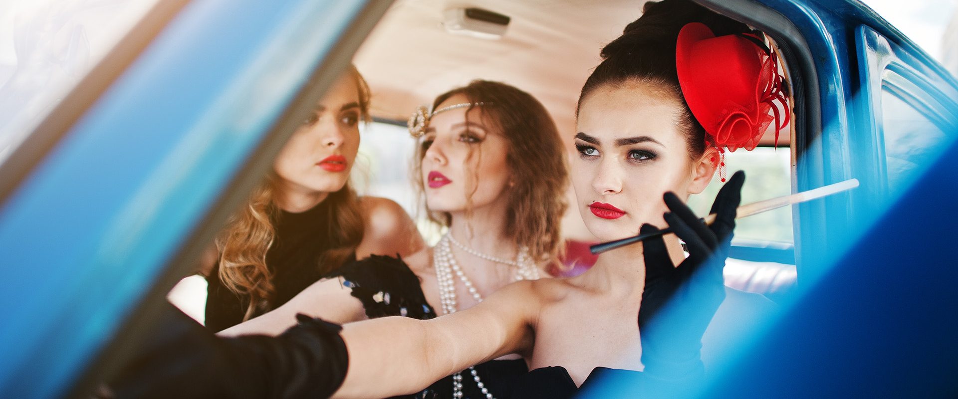 three-young-girl-retro-style-dress-seat-old-classic-vintage-car